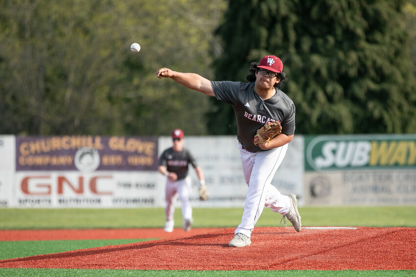W.F. West&rsquo;s Emmett Goodman throws a pitch against Centralia at Wheeler Field on Friday, April 25.
