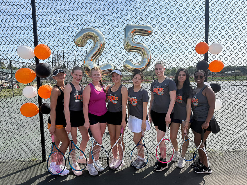 The Centralia tennis team poses for a photo prior to a match against Montesano on April 25.