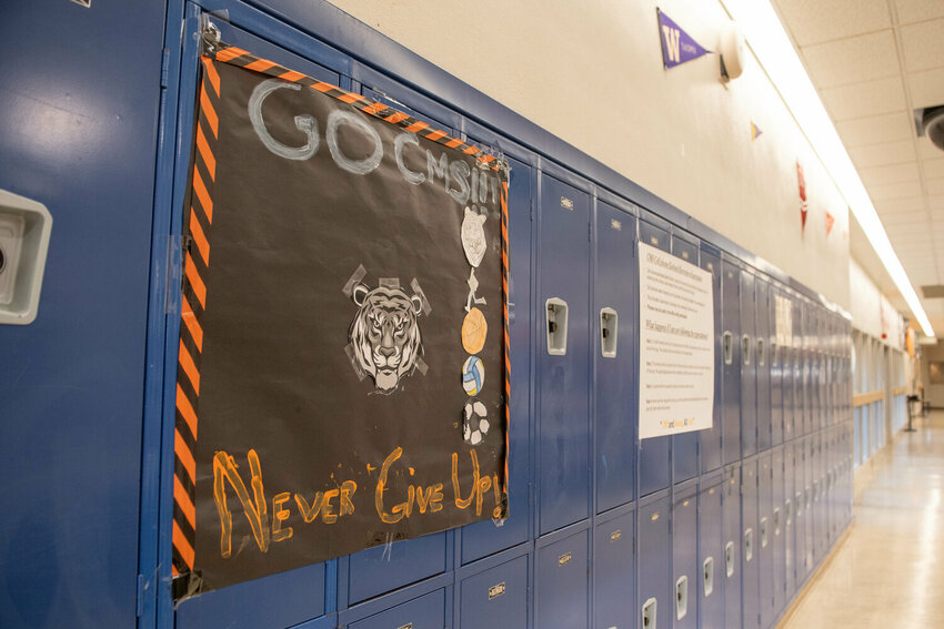 New Tiger-themed banners are hung inside Centralia Middle School on Thursday, Jan. 9.