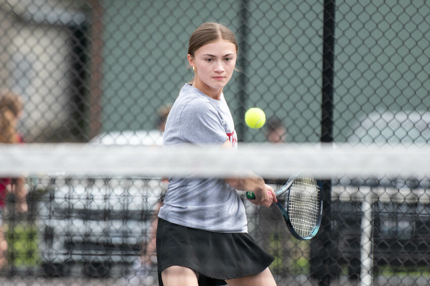 W.F. West&rsquo;s Emma Hamilton hits a ball during a match at W.F. West High School on Monday, April 28.