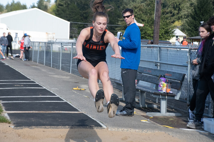 Rainier's Jazzlyn Shumate wins the 400 meters at the District 4 1B/2B League Meet at Rainier High School on Tuesday, April 22.