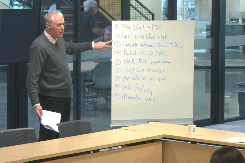 Thurston County Chair Tye Menser presents the nine options for jail expansion that the Board of County Commissioners discussed in 2019 during a work session on Wednesday, April 23.