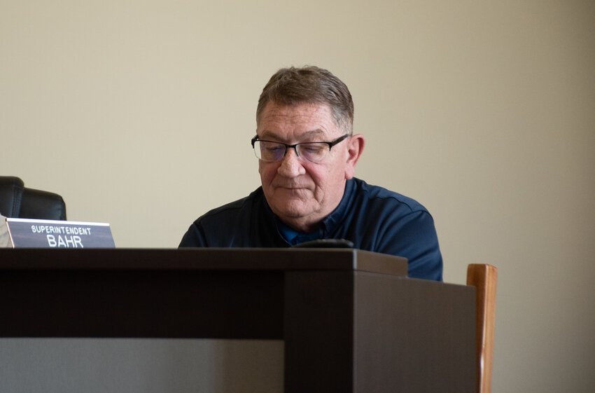 Superintendent Bryon Bahr sits during the Rainier School District No. 307 board of directors meeting on April 23, 2025.