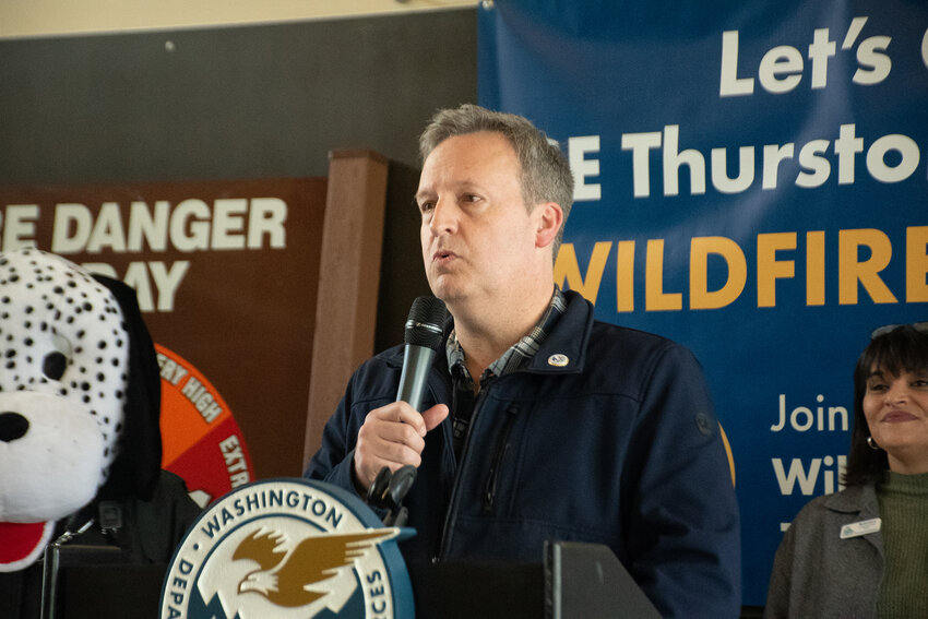 Washington State Commissioner of Public Lands Dave Upthegrove speaks at the Wildfire Ready event at Yelm Community Center on Saturday, April 26.