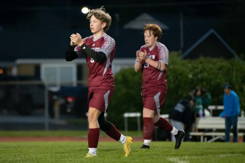 W.F. West players celebrate after a 1-0 win over Shelton in Chehalis on Tuesday, April 29.