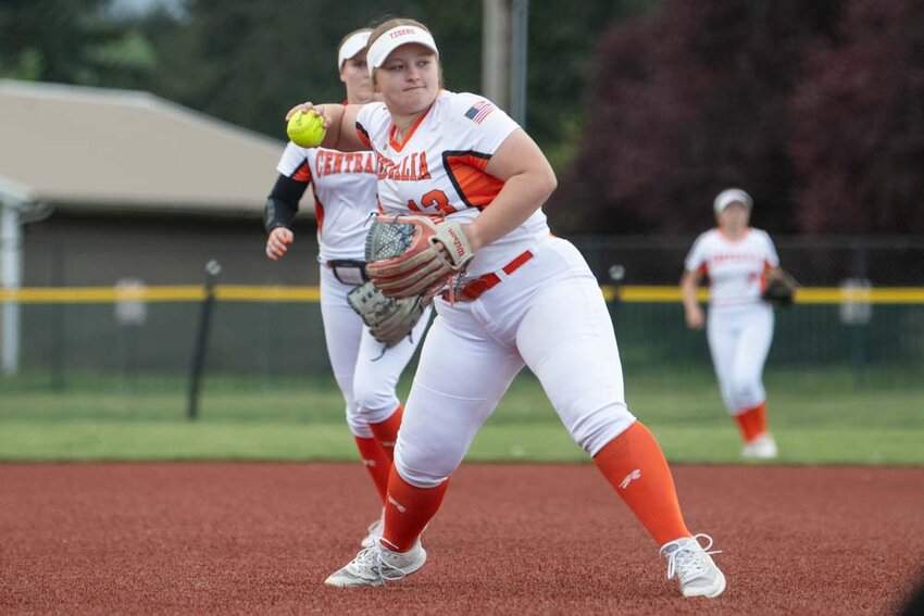 Centralia&rsquo;s Chloe Bonomi throws to first during a game versus Shelton in Centralia on Friday, May 2.
