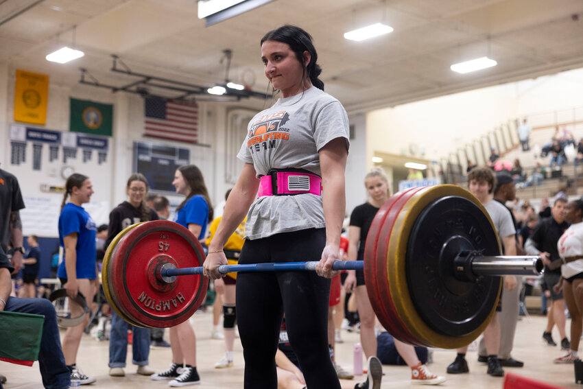 Centralia&rsquo;s Emma Fitzgerald competes in the deadlift event during the Washington State High School Powerlifting Championship at Olympia High School on Saturday, May 3.