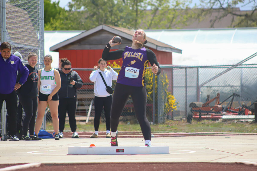 Onalaska's Kiley Talley throws the shot at the Shelton Invitational at HighClimber Stadium on Saturday, May 3.
