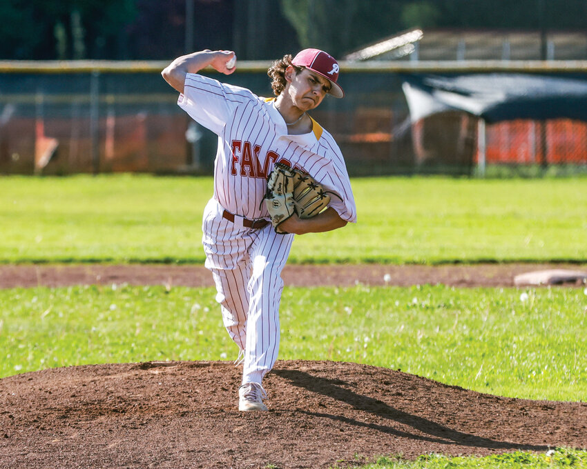 Prairie&rsquo;s Michael Rovig throws a pitch in the Falcons&rsquo; 1-0 win over Kelso High School on Tuesday, April 29.