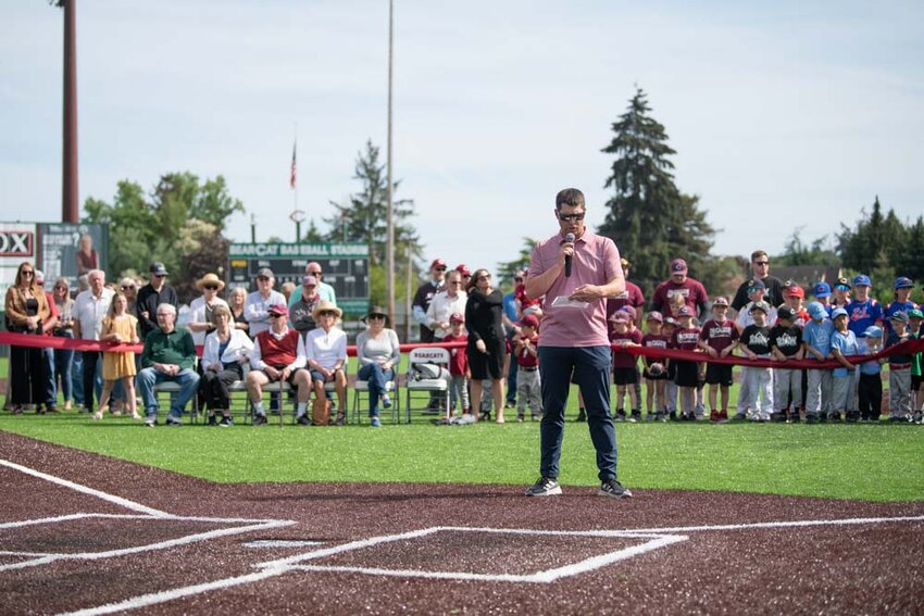 Athletic Director Tommy Elder speaks during a Field Dedication Ceremony for the new Bearcat Baseball Stadium at W.F. West on Tuesday, May 6.