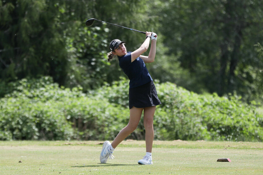 Black Hills' Ellie Johnson tees off during the 2A EvCo League Tournament at Tumwater Valley Golf Course on May 6.