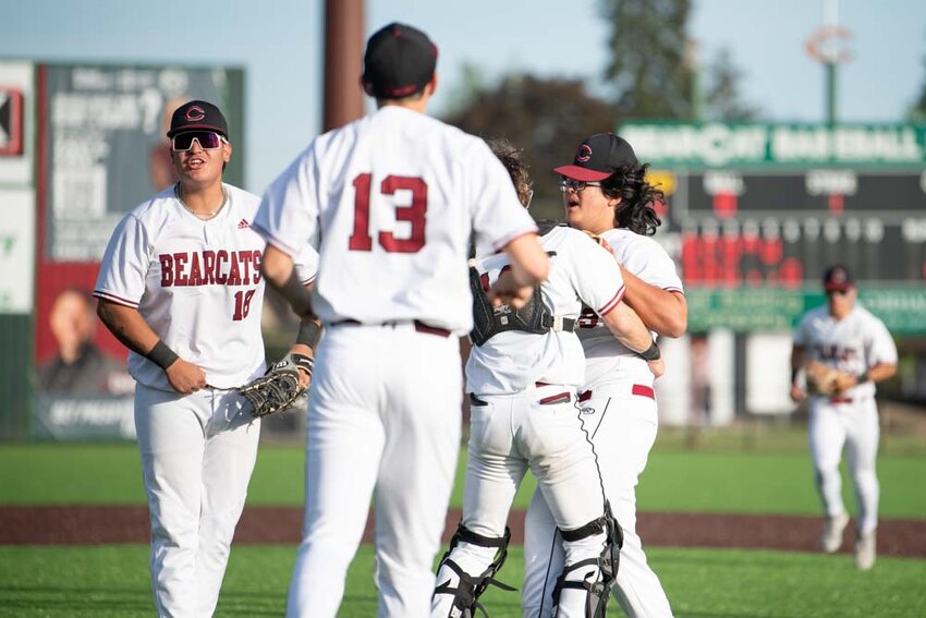W.F. West players celebrate after a win over Tumwater in Chehalis on Tuesday, May 6.