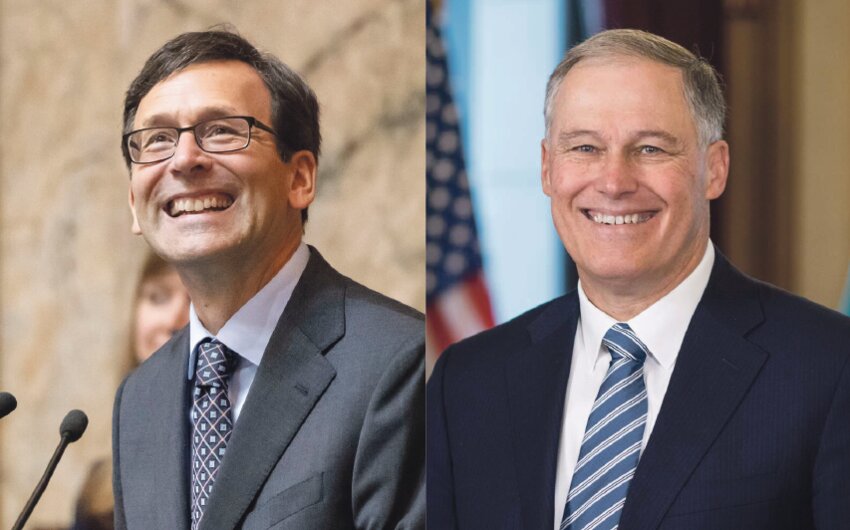 Gov. Bob Ferguson, left, and former Gov. Jay Inslee.