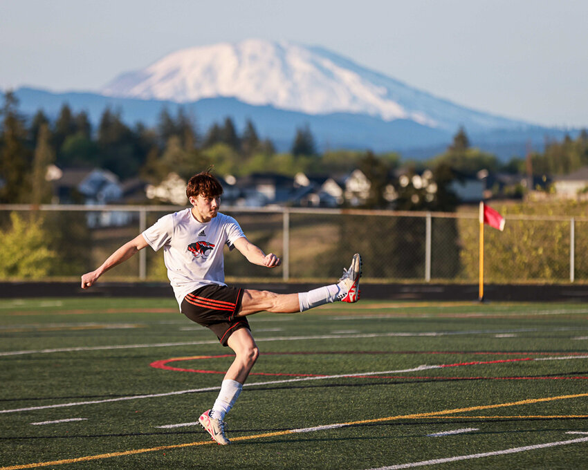 Centralia's Adin Stratton takes a free kick during Centralia's loss in PKs to Ridgefield in a district pigtail game on May 8.