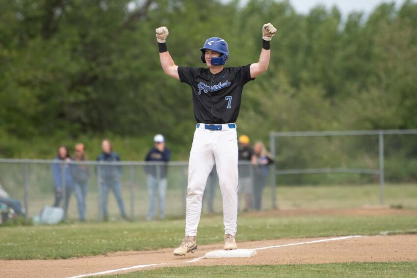 Adna&rsquo;s Ty Bodenhamer reacts to hitting a triple during a District 4 Tournament quarterfinal win over Raymond-South Bend at Adna High School on Saturday, May 10. .