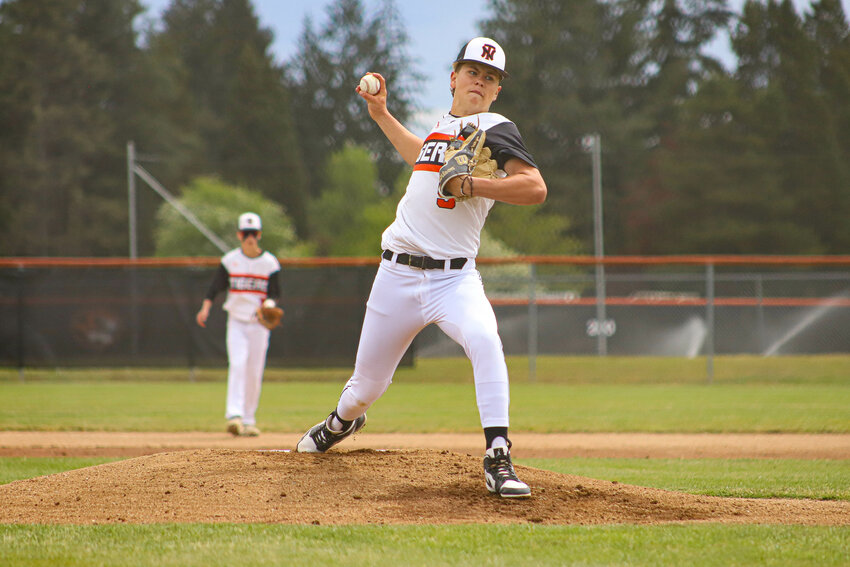 Napavine's Cal Bullock (9) throws a pitch against Rainier in a 2B District 4 Tournament first round game at Napavine High School on Saturday, May 10.