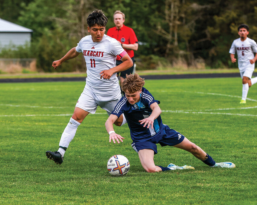Hockinson&rsquo;s Ryder Cole-Vogler is fouled by W.F. West&rsquo;s Israel Lopez Cruz, resulting in one of many yellow cards, in Hockinson&rsquo;s 2-1 loss in the first round of the 2A District 4 Tournament on Saturday, May 10. The Hawks faced off against Hudson&rsquo;s Bay High School in a win or out matchup on Tuesday, May 13, but results were unavailable at press time.