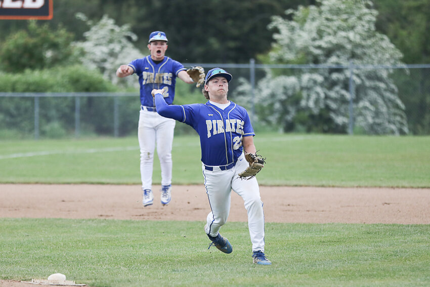Adna's Beau Miller fires a throw to first during Adna's 8-1 win over Toledo in a 2B District 4 Semifinal in Napavine on May 13.