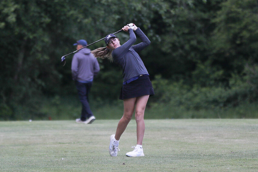 Black Hills' Ellie Johnson tees off during Day 2 of the 2A District 4 Tournament at Tumwater Valley Golf Course on May 14.
