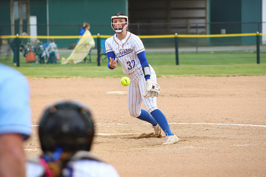 Rochester's Layna Demers (32) throws a pitch against Nooksack Valley in a 1A District 4 Tournament quarterfinal at Fort Borst Park on Wednesday, May 14.