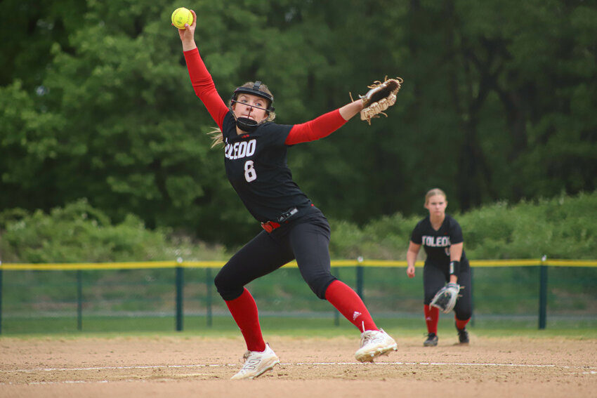 Toledo's Peyton Holter (8) throws a pitch against Onalaska in a 2B District 4 elimination game at Fort Borst Park on Wednesday, May 14.