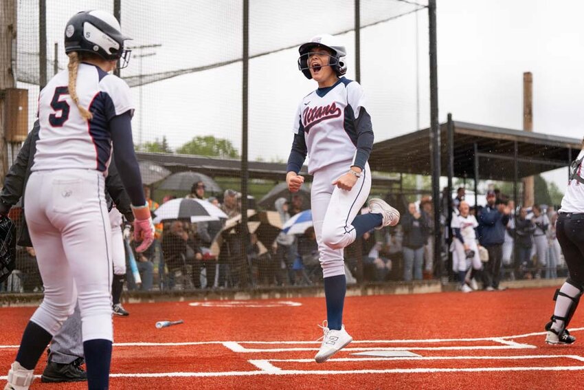 Pe Ell-Willapa Valley&rsquo;s Bella Ruddell celebrates during the 2B District 4 Championship game in Centralia on Thursday, May 15.