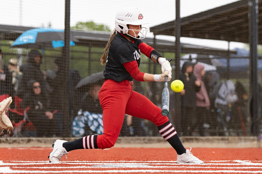 Toledo&rsquo;s Xtyn Norberg hits a pitch during a District 4 Tournament win over Rainier in Centralia on Thursday, May 15.
