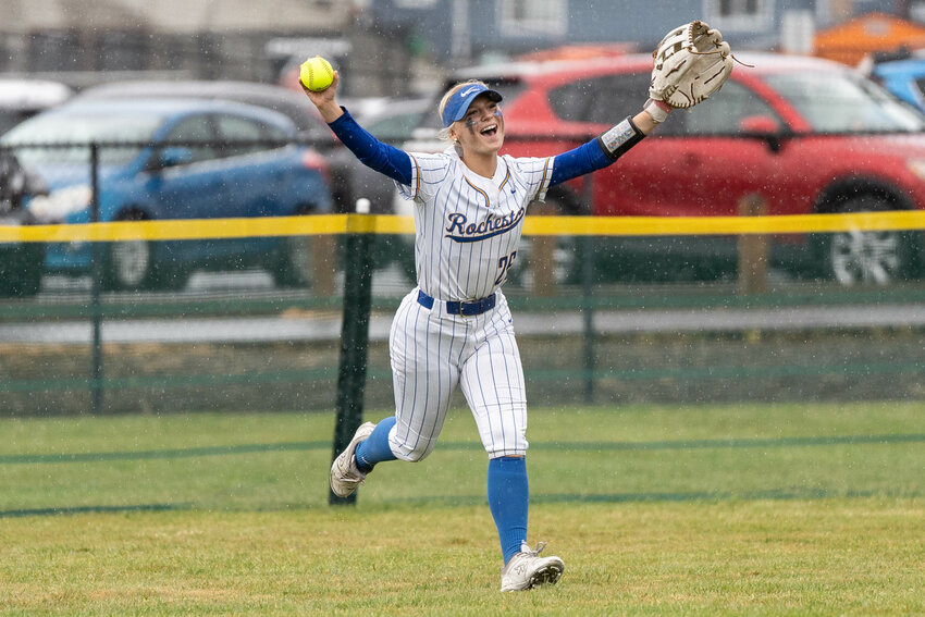 Rochester's Cheyenne Justice celebrates after catching the final out of a state qualifying win over La Center in Centralia on Thursday, May 15.