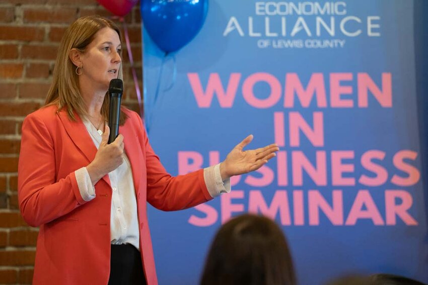 Centralia Mayor Kelly Smith Johnston speaks during the 2025 Economic Alliance of Lewis County Women in Business Seminar in Chehalis on Wednesday, May 14.