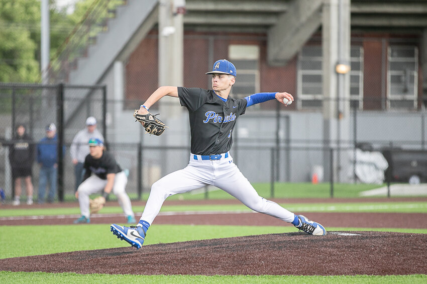 Adna's Jack Pennington throws a pitch during Adna's loss to Ilwaco in the 2B District 4 Championship Game in Chehalis on May 17.