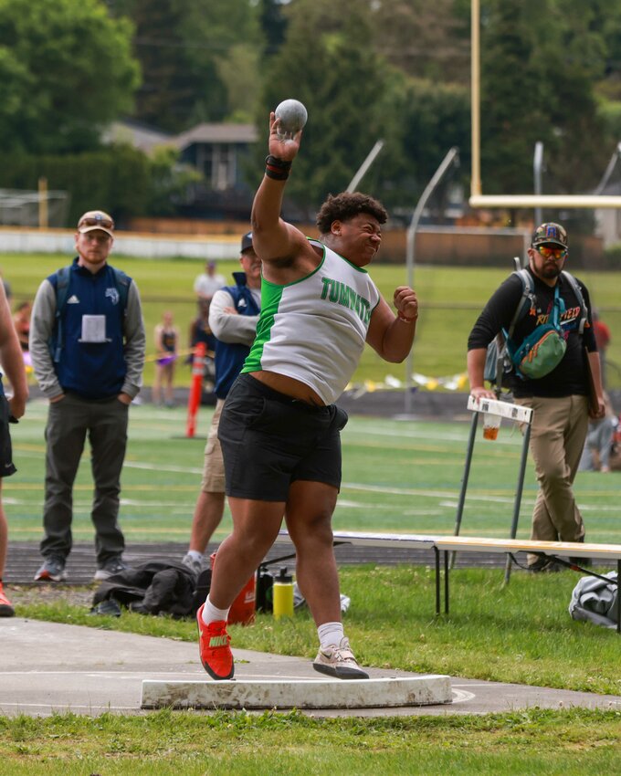 Tumwater senior Malijah Tucker threw a new personal record of 59 feet, 4 inches to win shot put at the District IV Championships at Columbia River High School on Thursday, May 22.