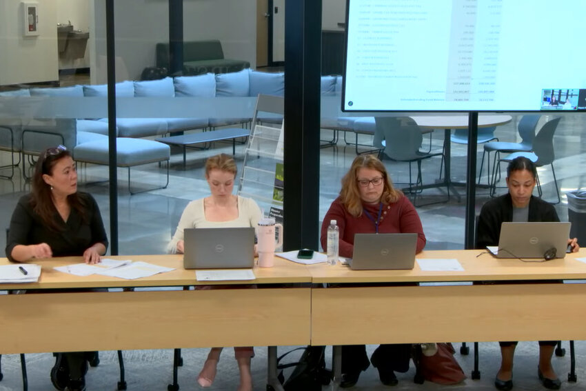 The Thurston County budget team, including Budget and Fiscal Manager Summer Miller on the left, present a budget update to the Board of County Commissioners on Wednesday, May 14.