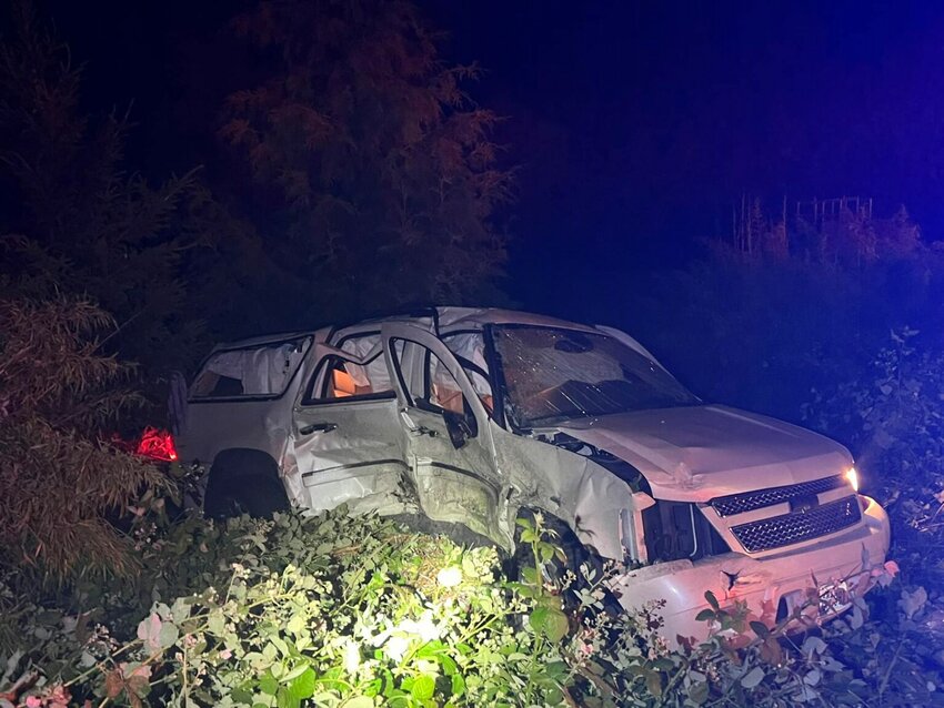 A damaged vehicle is seen in the aftermath of a June 2024 crash in Thurston County, in which the driver of another vehicle was suspected of speeding and driving under the influence.