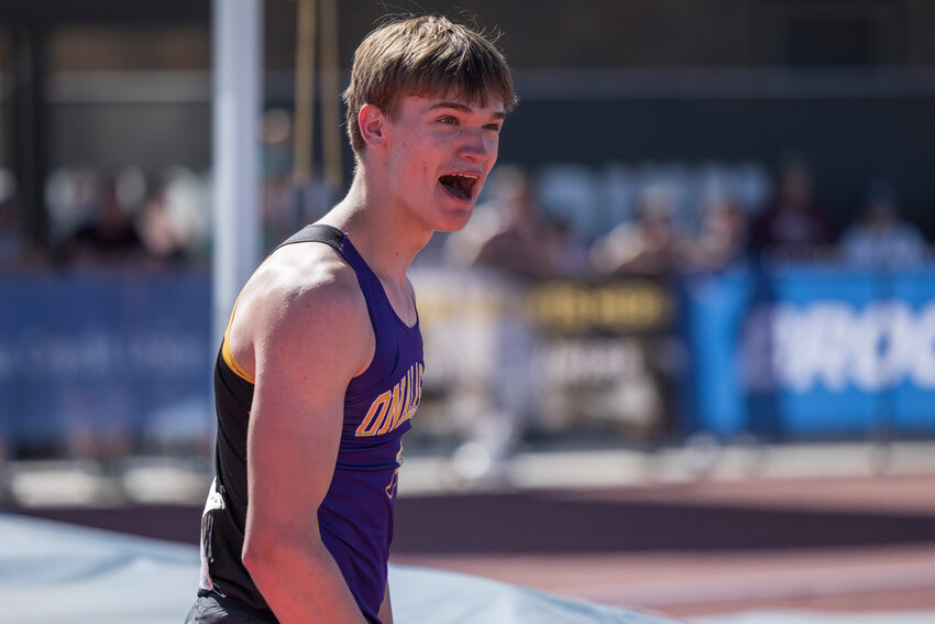 Onalaska&rsquo;s Luke Barrick reacts to setting the state record for 15 feet, 7 inches in the 2B boys pole vault during Day 2 of the state track and field championships at Zaepfel Stadium in Yakima on Friday, May 30.