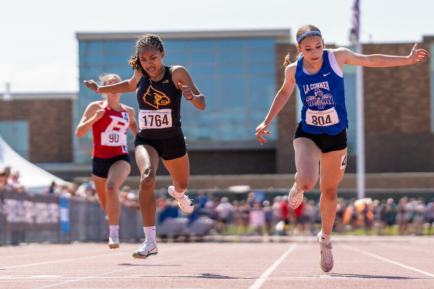 Winlock&rsquo;s Victoria Sancho crosses the finish line to win the 2B girls 200 meter dash state title on the final day of the 1B/ 2B/1A State Track and Field Championships at Zaepfel Stadium in Yakima on Saturday, May 31.