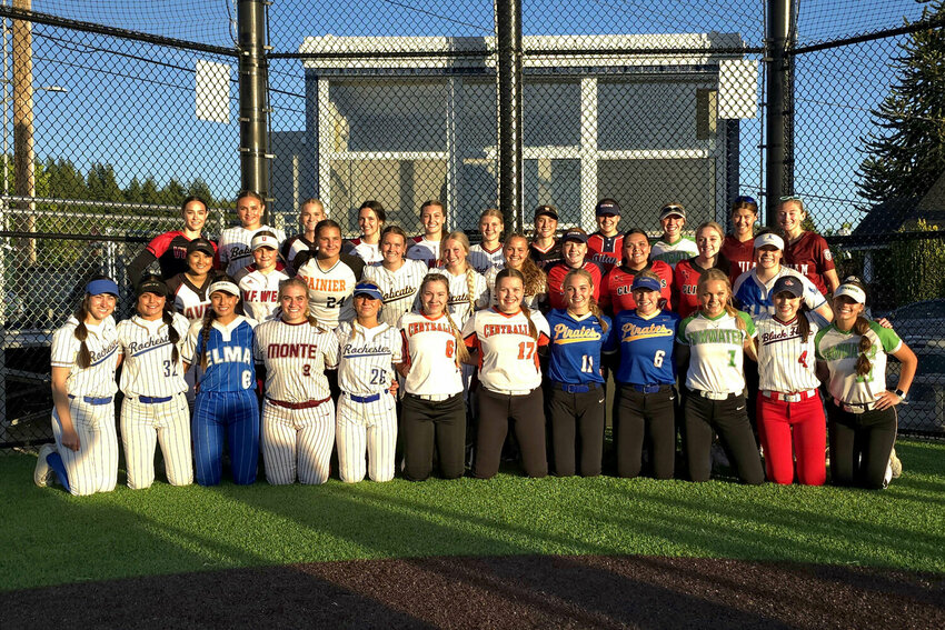 Area senior softball players pose for a photo after the Centralia College Senior Showcase at Bob Peters Field on May 29.