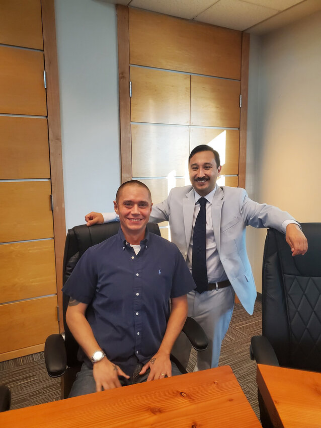 Yelm's newest city councilor, David Johnstone, left, and Mayor Joe DePinto pose for a photo after the Tuesday, May 27 meeting.