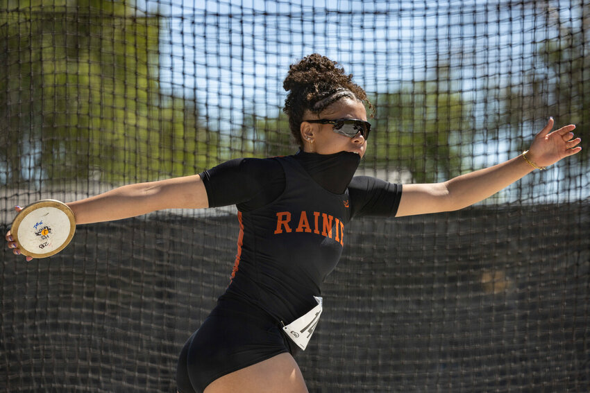 Rainier’s Janess Blackburn competes in the 2B girls discus during day 2 of the state track and field championships at Zaepfel Stadium in Yakima on Friday, May 30.