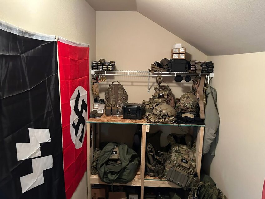 Investigators say they found military equipment and Nazi flags in the home of two Lacey men arrested this week. (Photo courtesy of the Thurston County Sheriff&rsquo;s Office)