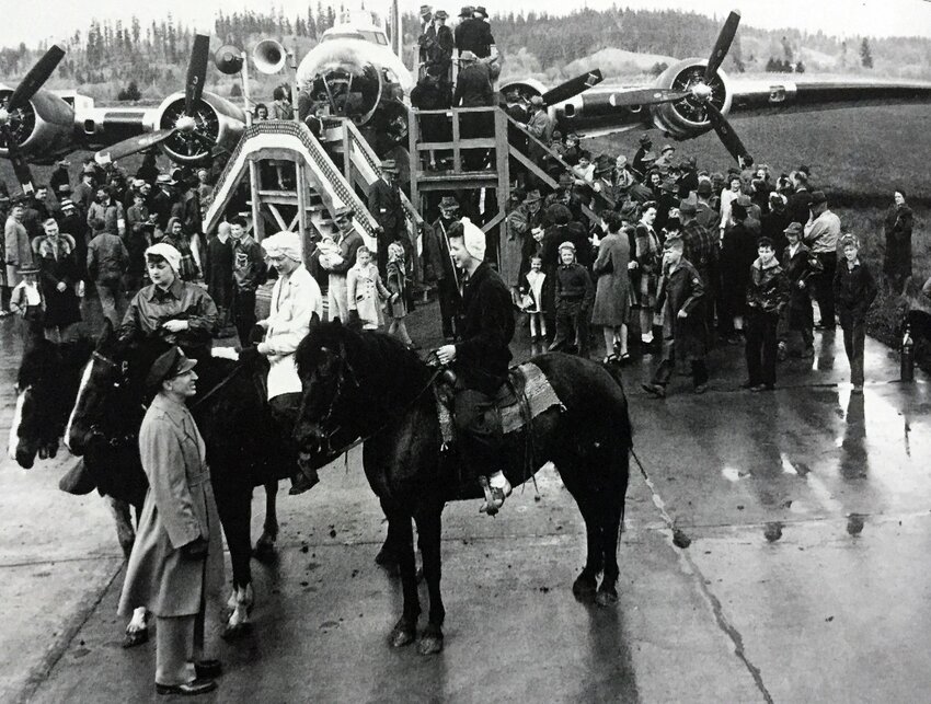 This picture of the B-17 Flying Fortress was taken at the Chehalis Airport on April 15, 1944. Boeing flew the plane into the area in appreciation for the war efforts of people in the area. More than 10,000 people turned out for the event. The photographer for Boeing from Seattle asked if he could take a picture of three young women riding horses. On the horses are Ruby Savage, left, Eloise Nugent in the middle, and Rose Ormbrek Menish on the right. All three were from Centralia. This photo was originally submitted for The Chronicle's Our Hometowns books