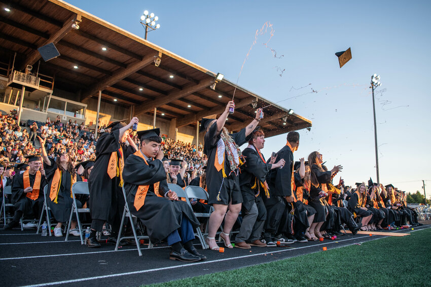 Graduates celebrate after the Centralia High School class of 2025 commencement ceremony at Tiger Stadium on Friday, June 6.