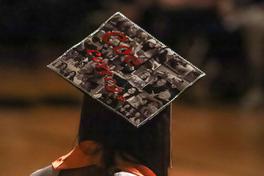 Keira Anderson's graduation cap includes her next home, Coe College in Iowa, during Rainier High School's Class of 2025 graduation ceremony on Friday, June 6.