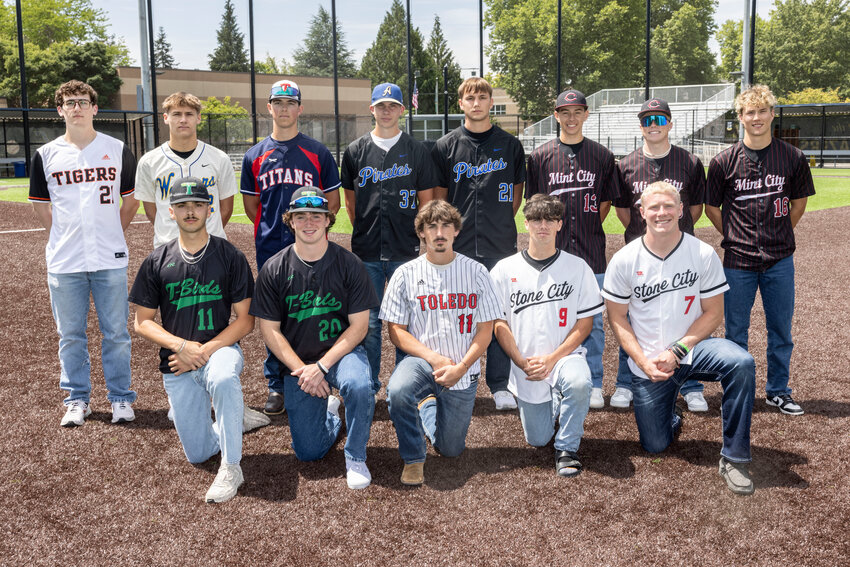 The Chronicle&rsquo;s All-Area Baseball team poses for a photo at the Centralia College Bob Peters Field on Thursday, June 12. Top row from the left, Centralia&rsquo;s Jake Johnson, Rochester&rsquo;s Kole Smith, PWV&rsquo;s Liam Smaciarz, Adna&rsquo;s Danner Hoinowski, Adna&rsquo;s Owen Fagernes, W.F. West&rsquo;s Hayden Rooney, W.F. West&rsquo;s Ross Kelley and W.F. West&rsquo;s Deacon Meller. Bottom row from the left, Tumwater&rsquo;s Luke Houlk, Tumwater&rsquo;s Derek Thompson, Toledo&rsquo;s Rohan Feigenbaum, Tenino&rsquo;s Will Feltus and Tenino&rsquo;s Austin Gonia.