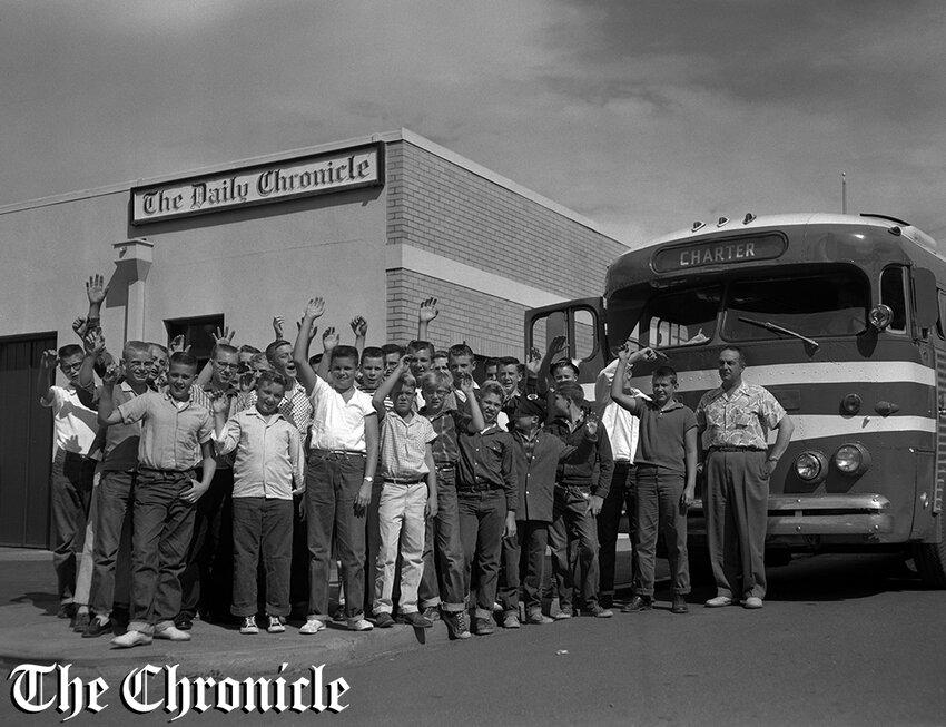 From the 1959 archives: “Thirty Daily Chronicle newspaperboys splashed, ate, and went boating all day Sunday at their annual picnic at Millersylvania state park. Chuck Hanes, Chronicle circulation manager, Centralia, and Howard Hamilton, Chehalis office manager, were in charge of the youths at the Deep lake picnic. No mishaps marred the day. The boys found little difficulty in eating 12 pounds of hot dogs, two gallons of potato salad, six gallons of beans, 150 ice cream bars and drinking 175 bottles of pop. Photo above shows youngsters in Centralia before boarding a charter bus.”