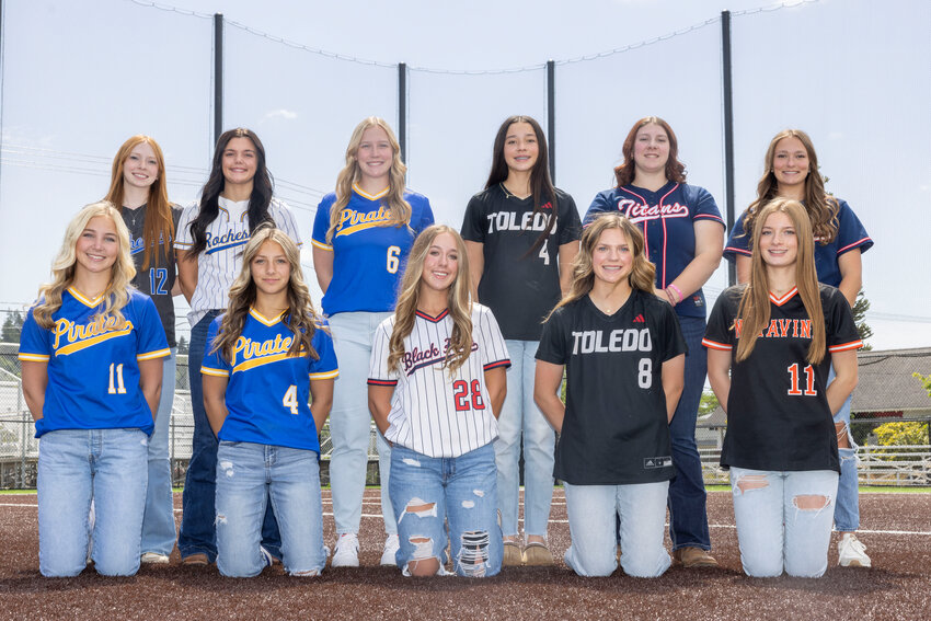 The Chronicle&rsquo;s 2025 All-Area Softball team poses for a photo at the Centralia College Bob Peters Field on Thursday, June 12. From the top left, Rochester&rsquo;s McKenna Vassar, Rochester&rsquo;s Layna Demers, Anna&rsquo;s Kendall Humphrey, Toledo&rsquo;s Taysia Miller, PWV&rsquo;s Sophia Milanowski and PWV&rsquo;s Lauren Matlock. From the bottom left, Adna&rsquo;s Danika Hallom, Adna&rsquo;s Hadleigh Gerard, Black Hills&rsquo; Kailey Miller and Napavine&rsquo;s Hannah Fay.