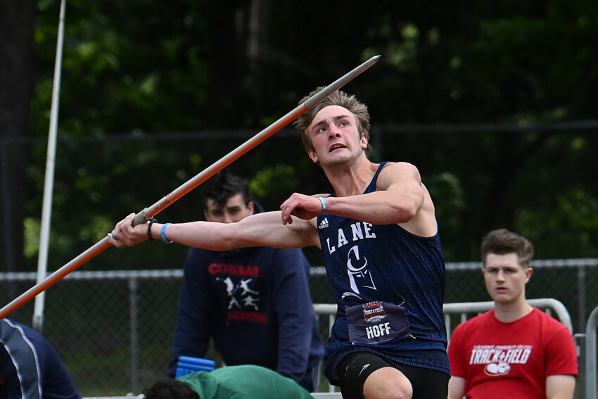 W.F. West alum Lucas Hoff prepares to throw the javelin at the NWAC Championships.