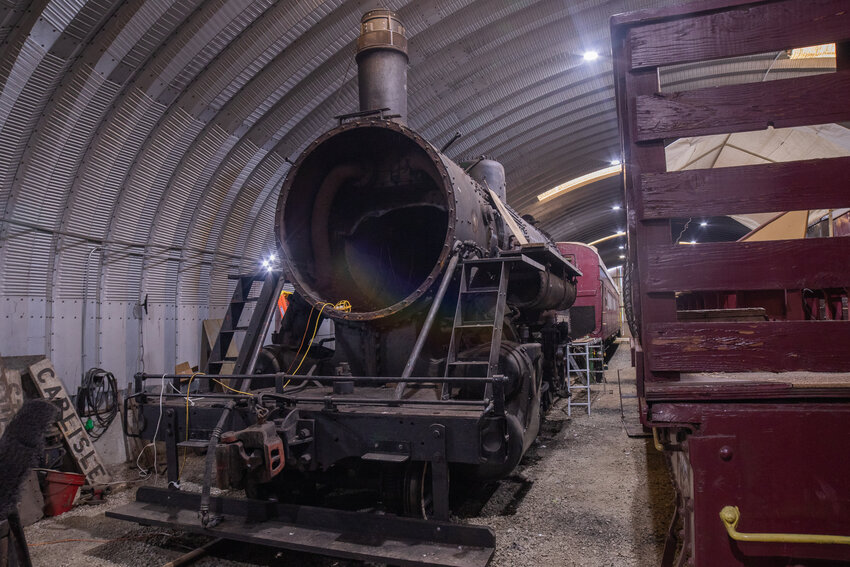 Out of service since 2019, the Centralia-Chehalis Railroad &amp; Museum's Cowlitz, Chehalis &amp; Cascade No. 15 &mdash; a 1916 Baldwin 2-8-2 Mikado steam engine &mdash; awaits restoration on Tuesday, June 17, inside the museum's train shed in Chehalis.