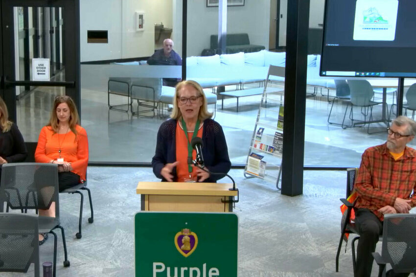 Thurston County Auditor Mary Hall speaks about the auditor's office's Clearinghouse Award for its video outreach efforts at the Board of County Commissioners meeting at The Atrium on Tuesday, May 6.