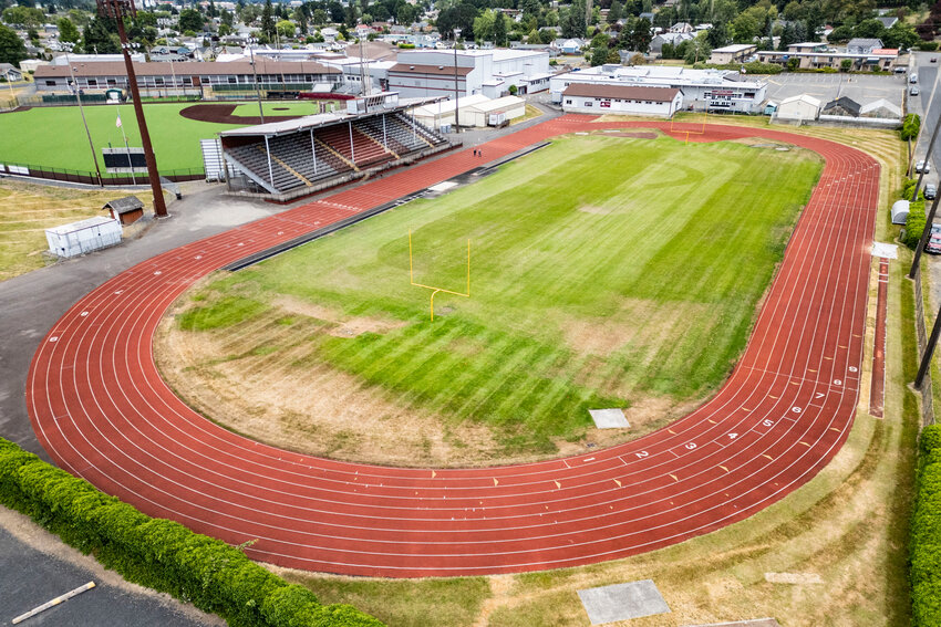 W.F. West&rsquo;s Bearcat Football Stadium is pictured from above at W.F. West High School in Chehalis on Thursday, June 19.