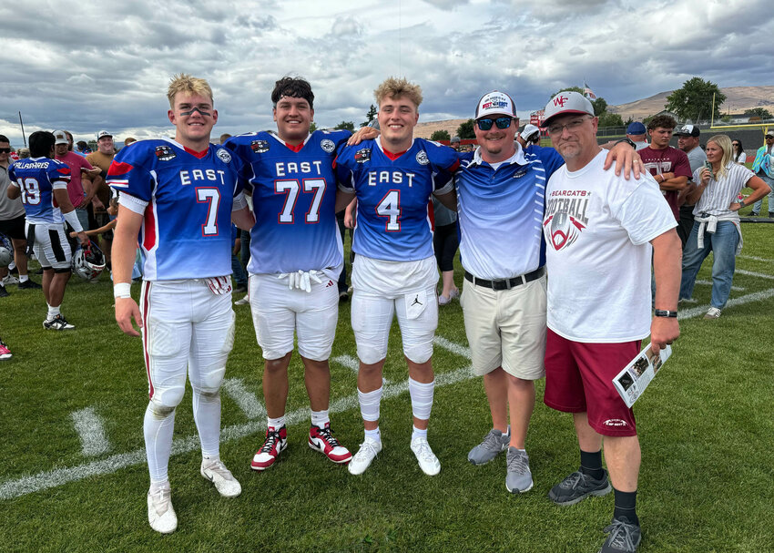 W.F. West's Tucker Land, Carlos Vallejo, Gage Brumfield, coach Dan Hill, and assistant coach Jason Aldridge pose for a photo during the Earl Barden Classic in Yakima on June 21.